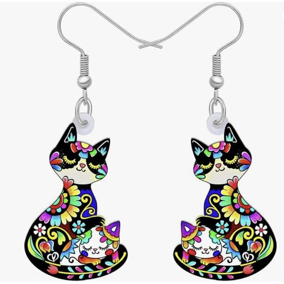 Colorful Folk Art Cat Earrings Acrylic Floral Boho Dangle NWT - Picture 1 of 6